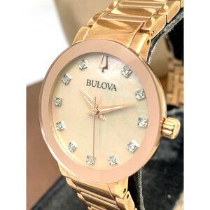Bulova Women's Watch 97P132 Diamond Dial Rose Gold Tone Stainless Steel Quartz